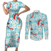 Turquoise Palaka Hawaii Aloha Couples Matching Short Sleeve Bodycon Dress and Long Sleeve Button Shirt Koi Pond Mix Plumeria - Polynesian Pride