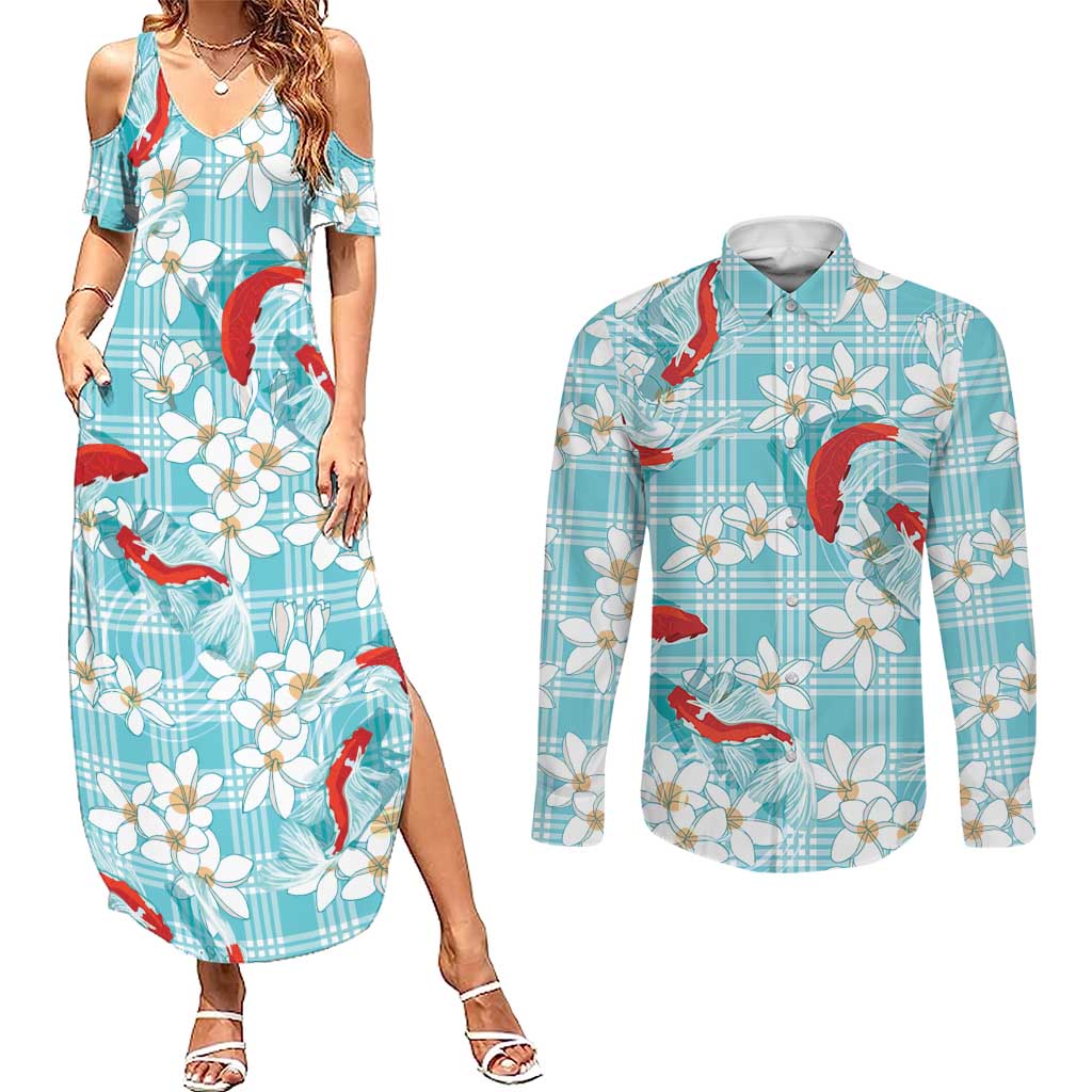 Turquoise Palaka Hawaii Aloha Couples Matching Summer Maxi Dress and Long Sleeve Button Shirt Koi Pond Mix Plumeria - Polynesian Pride
