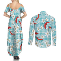 Turquoise Palaka Hawaii Aloha Couples Matching Summer Maxi Dress and Long Sleeve Button Shirt Koi Pond Mix Plumeria - Polynesian Pride