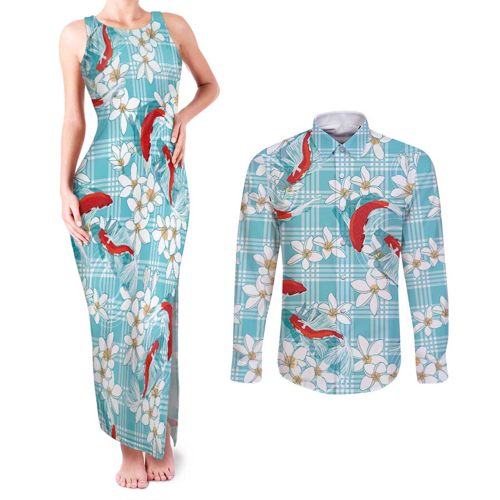 Turquoise Palaka Hawaii Aloha Couples Matching Tank Maxi Dress and Long Sleeve Button Shirt Koi Pond Mix Plumeria - Polynesian Pride