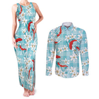 Turquoise Palaka Hawaii Aloha Couples Matching Tank Maxi Dress and Long Sleeve Button Shirt Koi Pond Mix Plumeria - Polynesian Pride