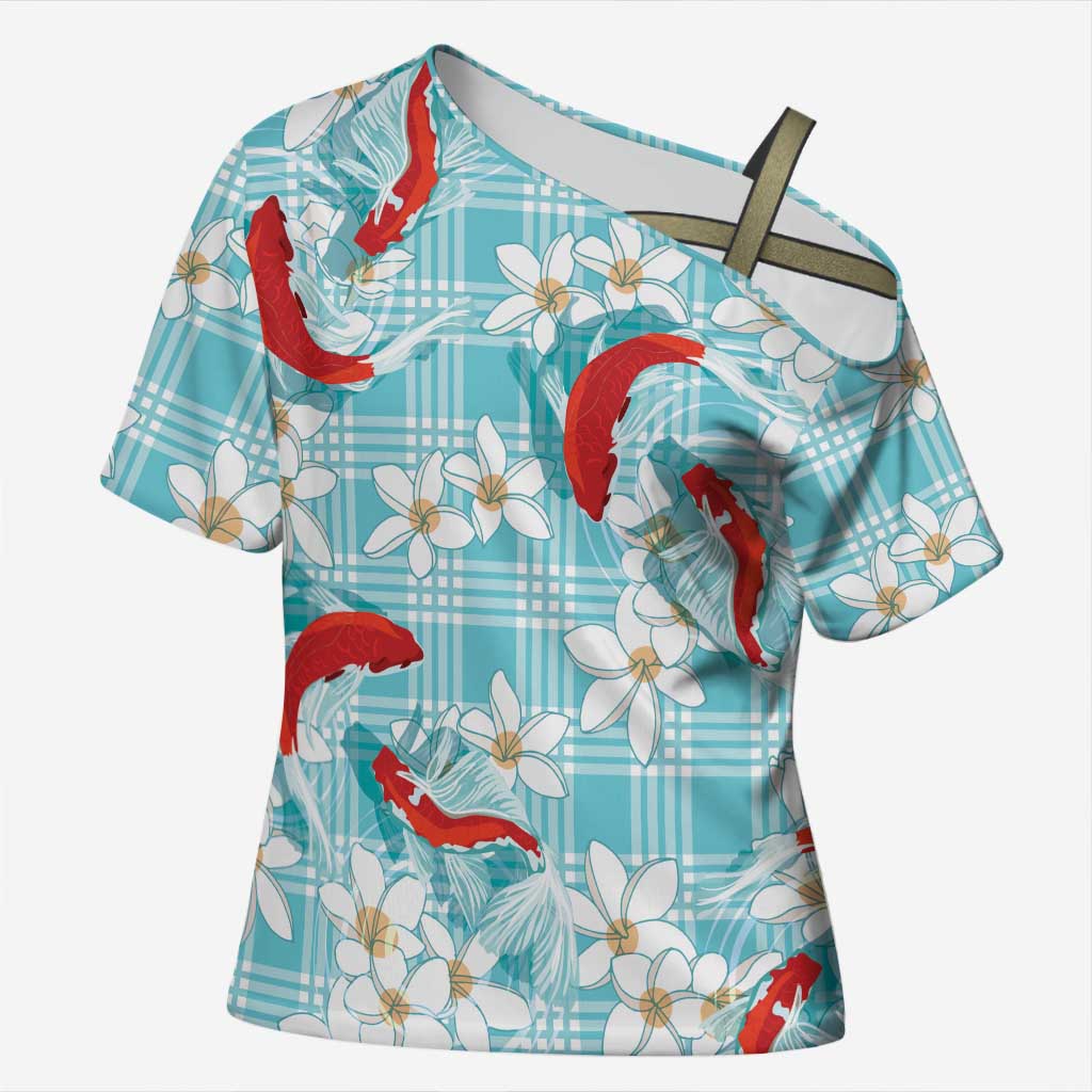 Turquoise Palaka Hawaii Aloha Cross Shoulder Shirt Koi Pond Mix Plumeria LT7 Female Turquoise - Polynesian Pride