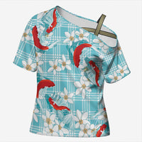 Turquoise Palaka Hawaii Aloha Cross Shoulder Shirt Koi Pond Mix Plumeria LT7 Female Turquoise - Polynesian Pride