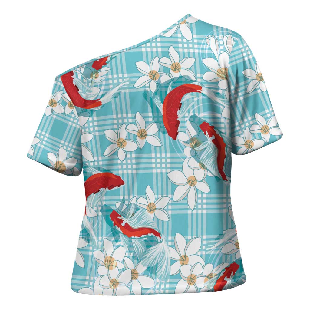 Turquoise Palaka Hawaii Aloha Cross Shoulder Shirt Koi Pond Mix Plumeria LT7 - Polynesian Pride
