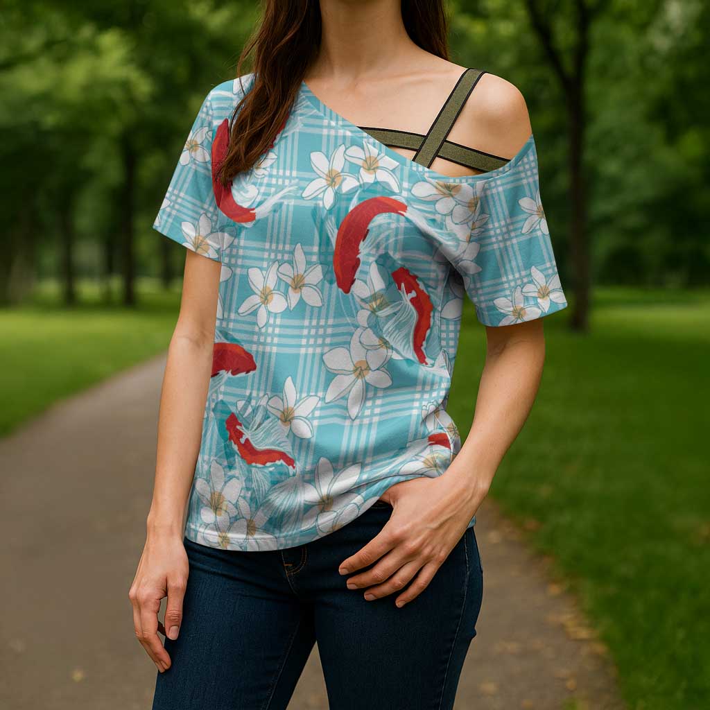 Turquoise Palaka Hawaii Aloha Cross Shoulder Shirt Koi Pond Mix Plumeria LT7 - Polynesian Pride