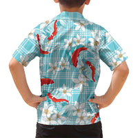Turquoise Palaka Hawaii Aloha Family Matching Long Sleeve Bodycon Dress and Hawaiian Shirt Koi Pond Mix Plumeria LT7 - Polynesian Pride