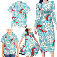 Turquoise Palaka Hawaii Aloha Family Matching Long Sleeve Bodycon Dress and Hawaiian Shirt Koi Pond Mix Plumeria LT7 - Polynesian Pride