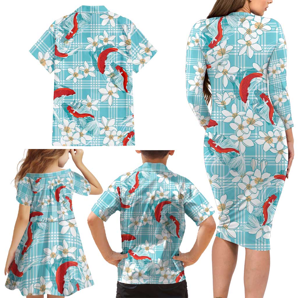 Turquoise Palaka Hawaii Aloha Family Matching Long Sleeve Bodycon Dress and Hawaiian Shirt Koi Pond Mix Plumeria LT7 - Polynesian Pride