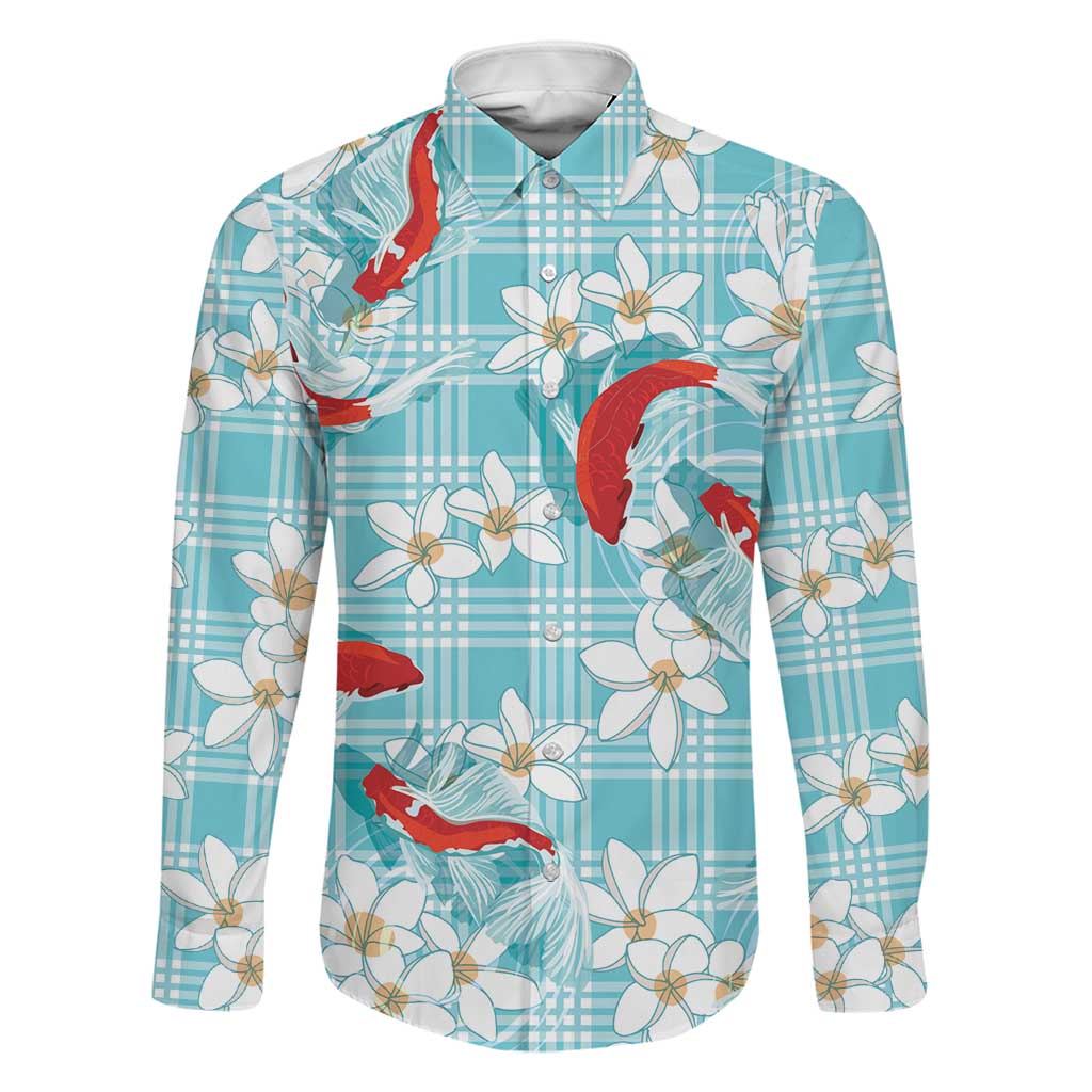 Turquoise Palaka Hawaii Aloha Family Matching Long Sleeve Bodycon Dress and Hawaiian Shirt Koi Pond Mix Plumeria LT7 Dad's Shirt - Long Sleeve Turquoise - Polynesian Pride