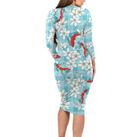 Turquoise Palaka Hawaii Aloha Family Matching Long Sleeve Bodycon Dress and Hawaiian Shirt Koi Pond Mix Plumeria LT7 - Polynesian Pride