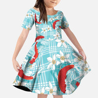 Turquoise Palaka Hawaii Aloha Family Matching Mermaid Dress and Hawaiian Shirt Koi Pond Mix Plumeria LT7 Daughter's Dress Turquoise - Polynesian Pride