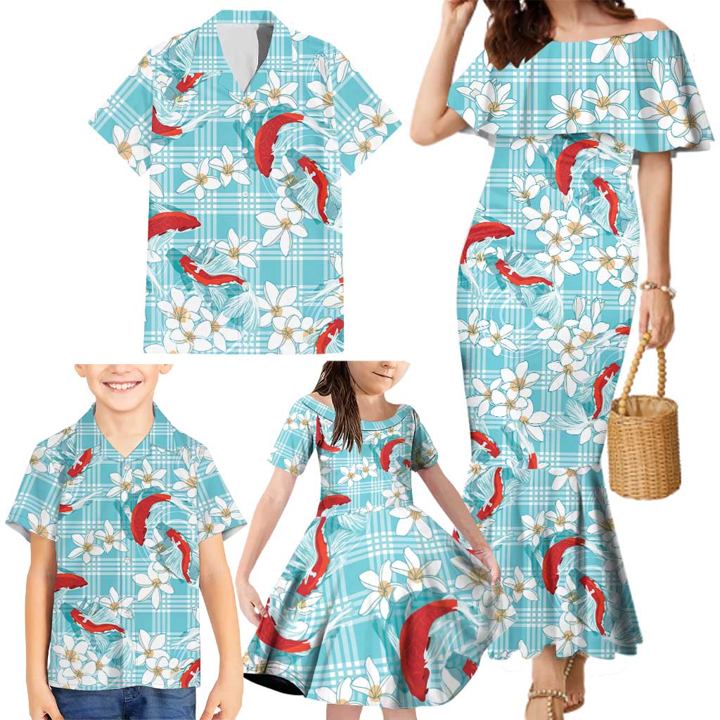 Turquoise Palaka Hawaii Aloha Family Matching Mermaid Dress and Hawaiian Shirt Koi Pond Mix Plumeria LT7 - Polynesian Pride
