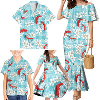 Turquoise Palaka Hawaii Aloha Family Matching Mermaid Dress and Hawaiian Shirt Koi Pond Mix Plumeria LT7 - Polynesian Pride