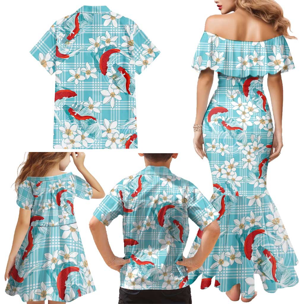 Turquoise Palaka Hawaii Aloha Family Matching Mermaid Dress and Hawaiian Shirt Koi Pond Mix Plumeria LT7 - Polynesian Pride