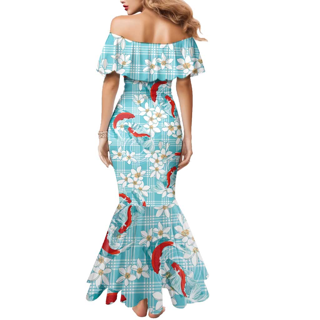 Turquoise Palaka Hawaii Aloha Family Matching Mermaid Dress and Hawaiian Shirt Koi Pond Mix Plumeria LT7 - Polynesian Pride