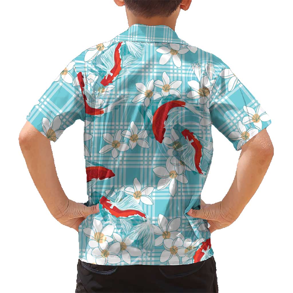 Turquoise Palaka Hawaii Aloha Family Matching Off The Shoulder Long Sleeve Dress and Hawaiian Shirt Koi Pond Mix Plumeria LT7 - Polynesian Pride