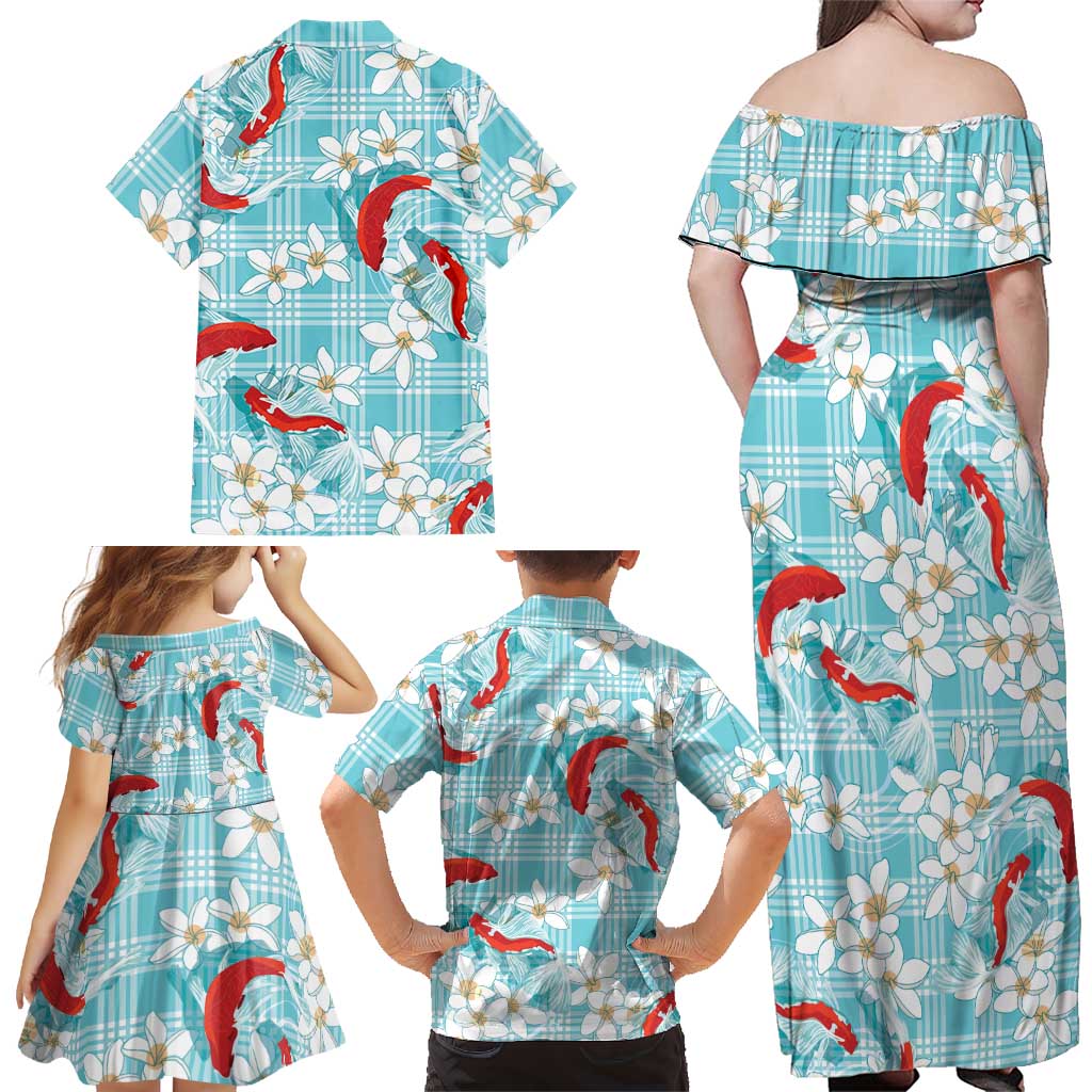 Turquoise Palaka Hawaii Aloha Family Matching Off Shoulder Maxi Dress and Hawaiian Shirt Koi Pond Mix Plumeria LT7 - Polynesian Pride