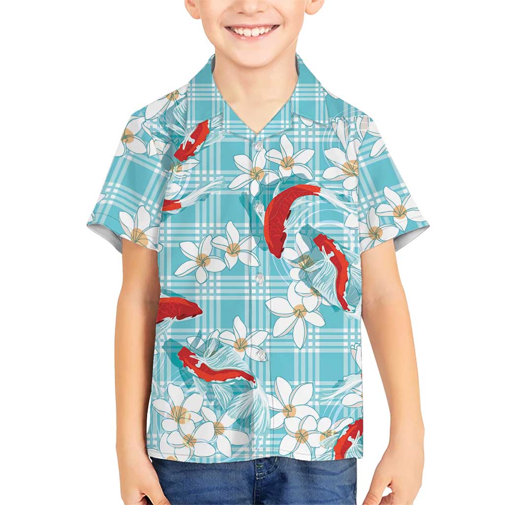 Turquoise Palaka Hawaii Aloha Family Matching Off Shoulder Maxi Dress and Hawaiian Shirt Koi Pond Mix Plumeria LT7 - Polynesian Pride