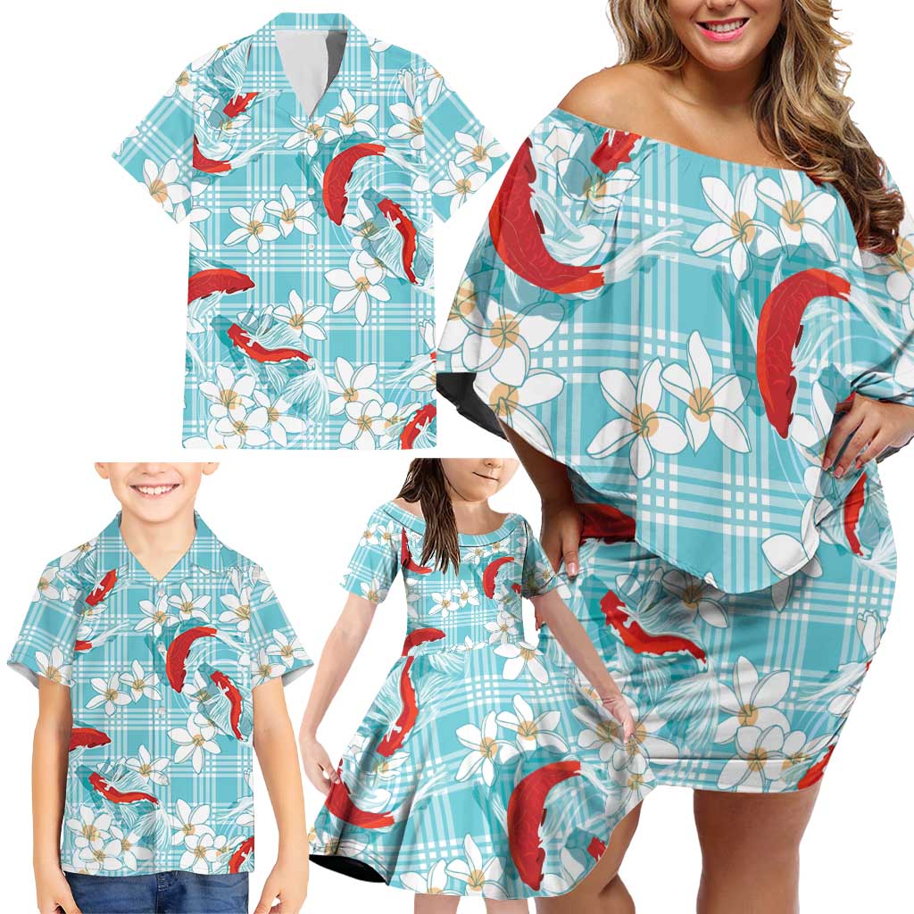 Turquoise Palaka Hawaii Aloha Family Matching Off Shoulder Short Dress and Hawaiian Shirt Koi Pond Mix Plumeria LT7 - Polynesian Pride