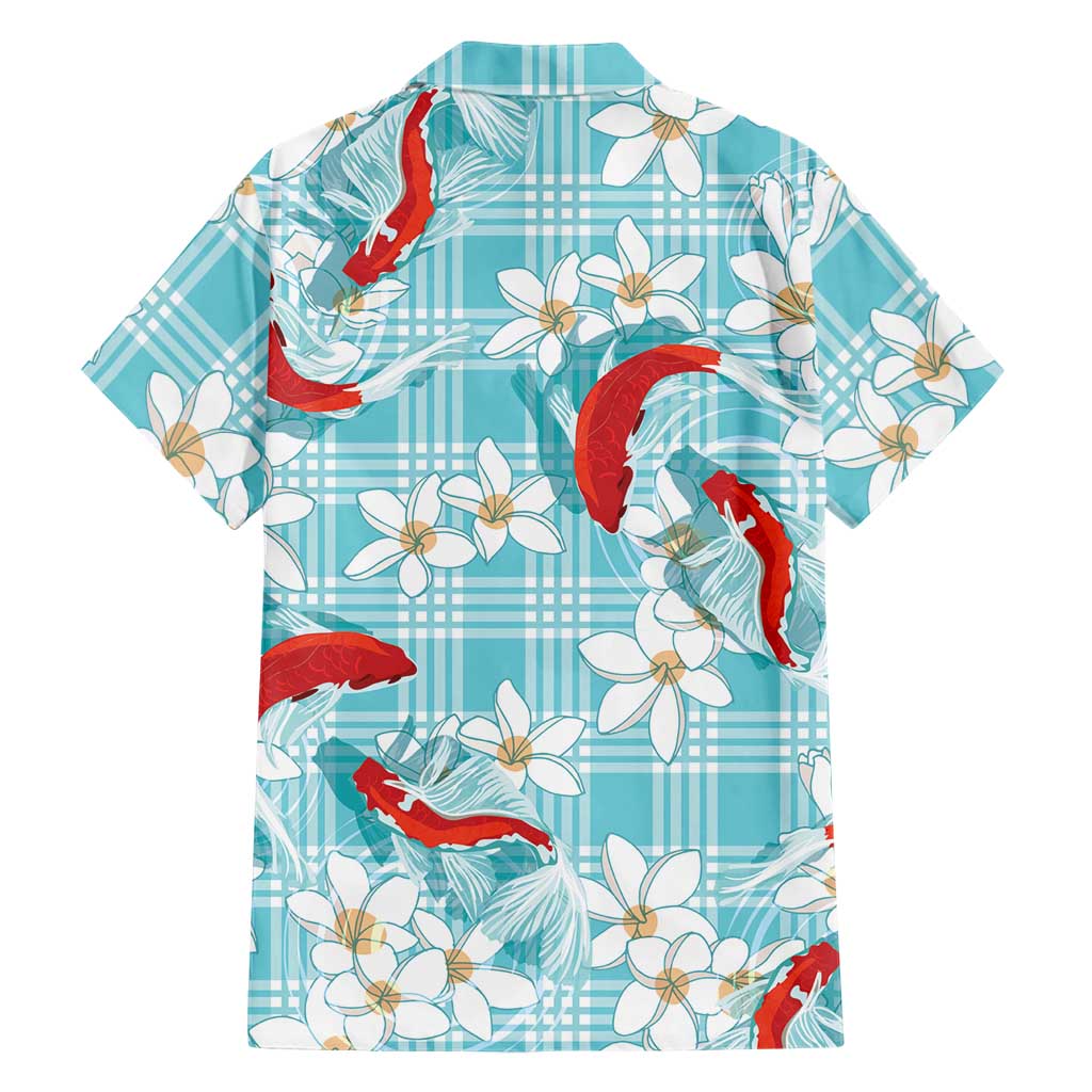 Turquoise Palaka Hawaii Aloha Family Matching Off Shoulder Short Dress and Hawaiian Shirt Koi Pond Mix Plumeria LT7 - Polynesian Pride
