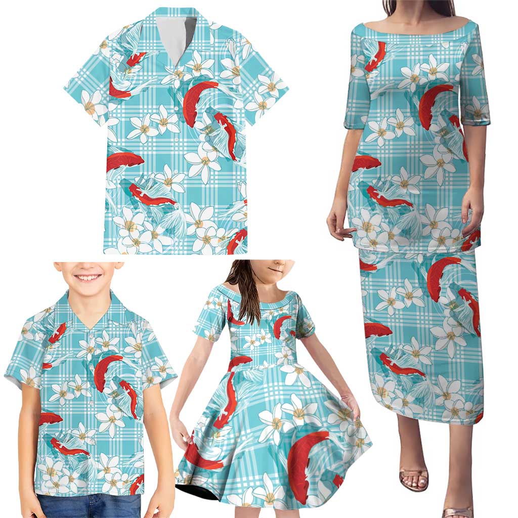Turquoise Palaka Hawaii Aloha Family Matching Puletasi and Hawaiian Shirt Koi Pond Mix Plumeria LT7 - Polynesian Pride