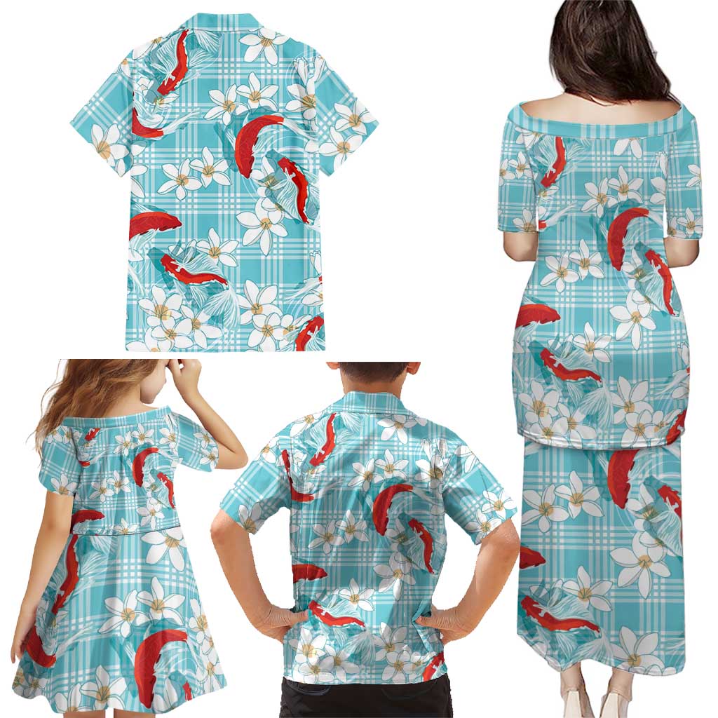 Turquoise Palaka Hawaii Aloha Family Matching Puletasi and Hawaiian Shirt Koi Pond Mix Plumeria LT7 - Polynesian Pride