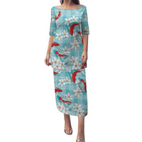Turquoise Palaka Hawaii Aloha Family Matching Puletasi and Hawaiian Shirt Koi Pond Mix Plumeria LT7 Turquoise - Polynesian Pride