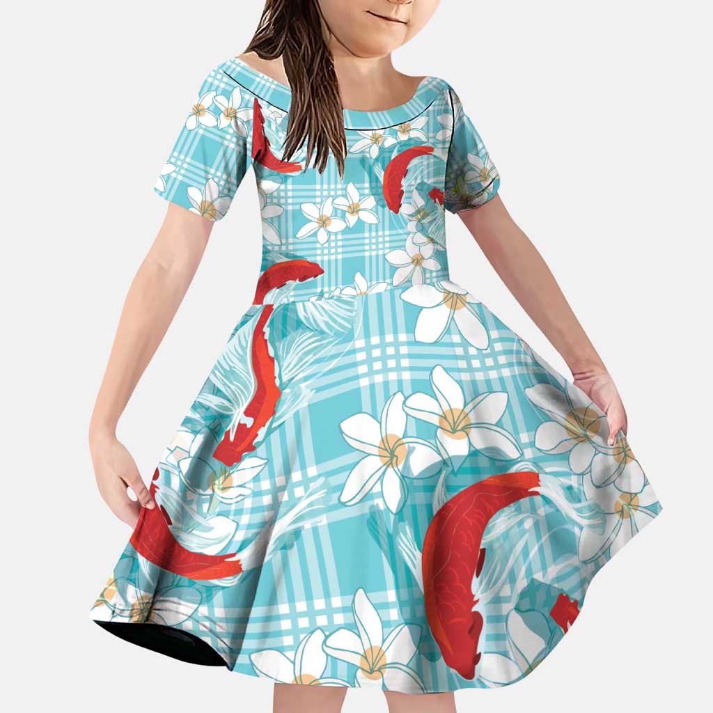 Turquoise Palaka Hawaii Aloha Family Matching Short Sleeve Bodycon Dress and Hawaiian Shirt Koi Pond Mix Plumeria LT7 Daughter's Dress Turquoise - Polynesian Pride