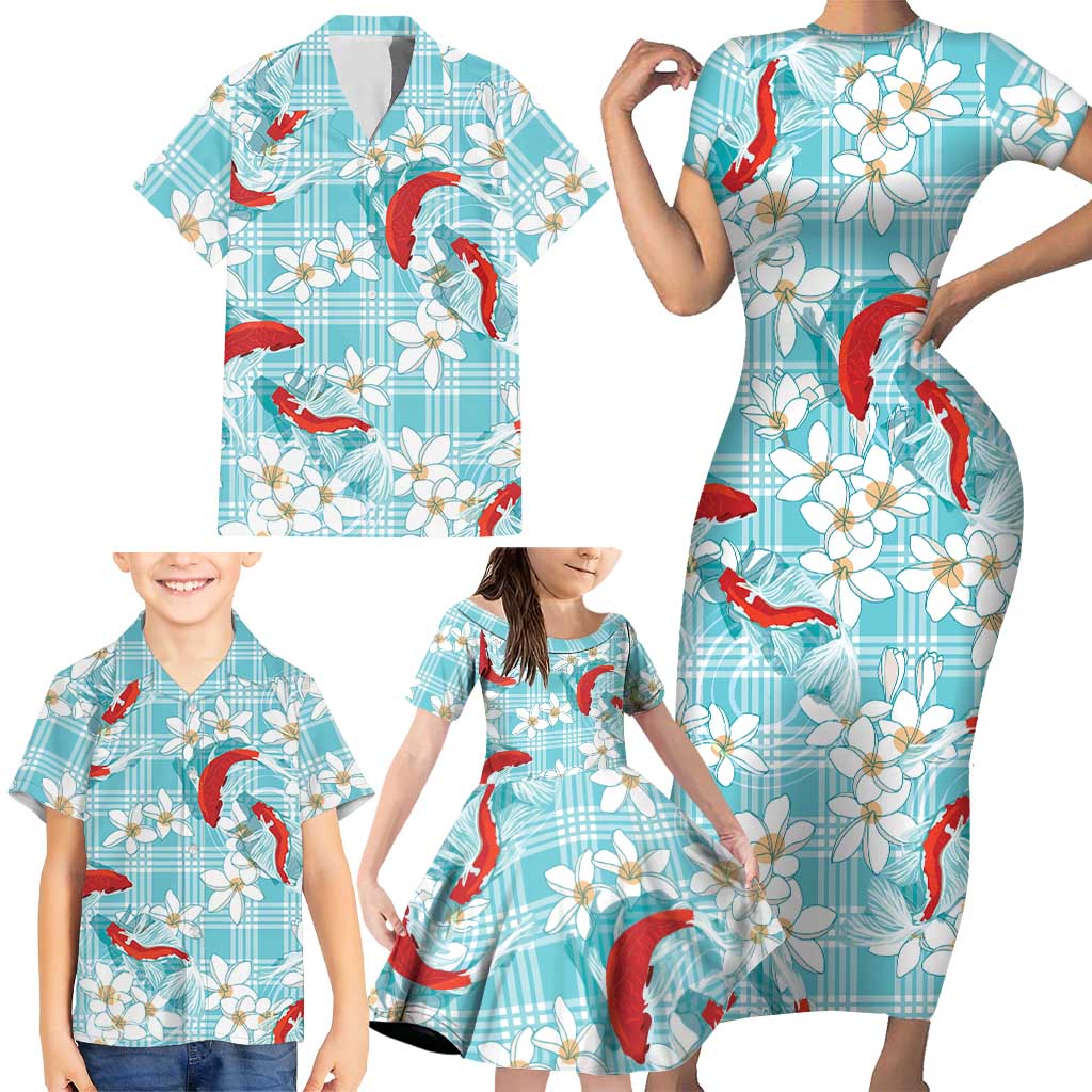 Turquoise Palaka Hawaii Aloha Family Matching Short Sleeve Bodycon Dress and Hawaiian Shirt Koi Pond Mix Plumeria LT7 - Polynesian Pride