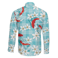 Turquoise Palaka Hawaii Aloha Family Matching Short Sleeve Bodycon Dress and Hawaiian Shirt Koi Pond Mix Plumeria LT7 - Polynesian Pride