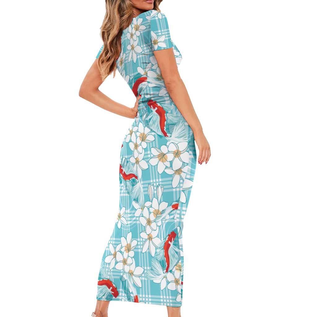 Turquoise Palaka Hawaii Aloha Family Matching Short Sleeve Bodycon Dress and Hawaiian Shirt Koi Pond Mix Plumeria LT7 - Polynesian Pride