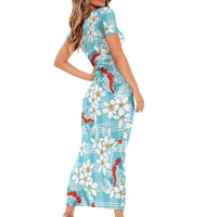 Turquoise Palaka Hawaii Aloha Family Matching Short Sleeve Bodycon Dress and Hawaiian Shirt Koi Pond Mix Plumeria LT7 - Polynesian Pride
