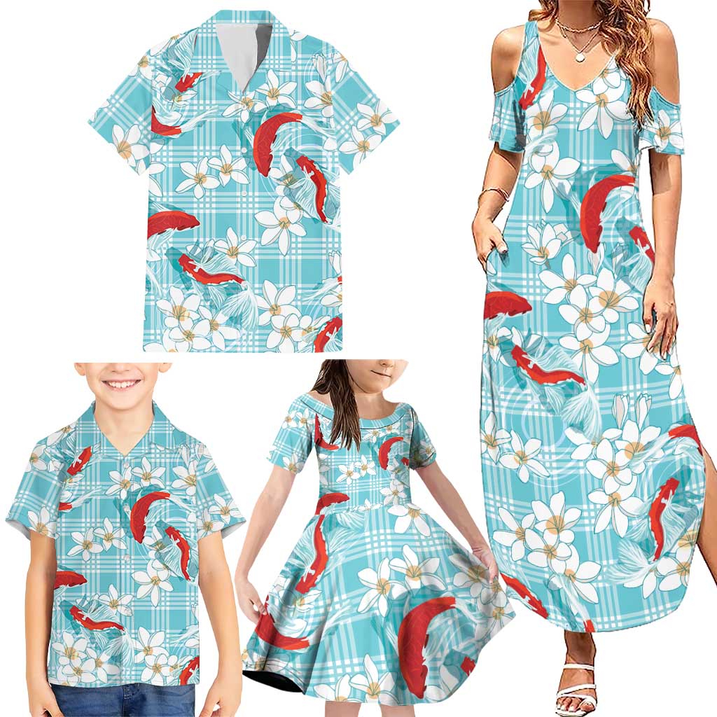 Turquoise Palaka Hawaii Aloha Family Matching Summer Maxi Dress and Hawaiian Shirt Koi Pond Mix Plumeria - Polynesian Pride