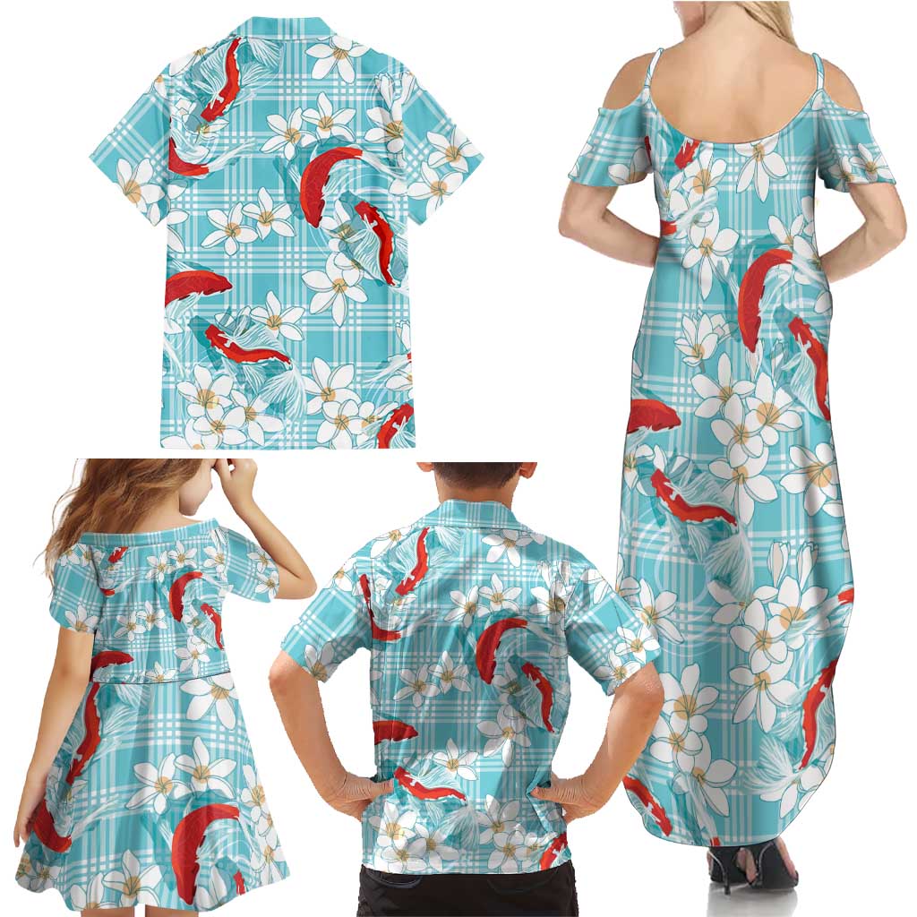 Turquoise Palaka Hawaii Aloha Family Matching Summer Maxi Dress and Hawaiian Shirt Koi Pond Mix Plumeria LT7 - Polynesian Pride