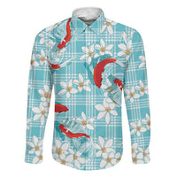 Turquoise Palaka Hawaii Aloha Family Matching Summer Maxi Dress and Hawaiian Shirt Koi Pond Mix Plumeria LT7 Dad's Shirt - Long Sleeve Turquoise - Polynesian Pride