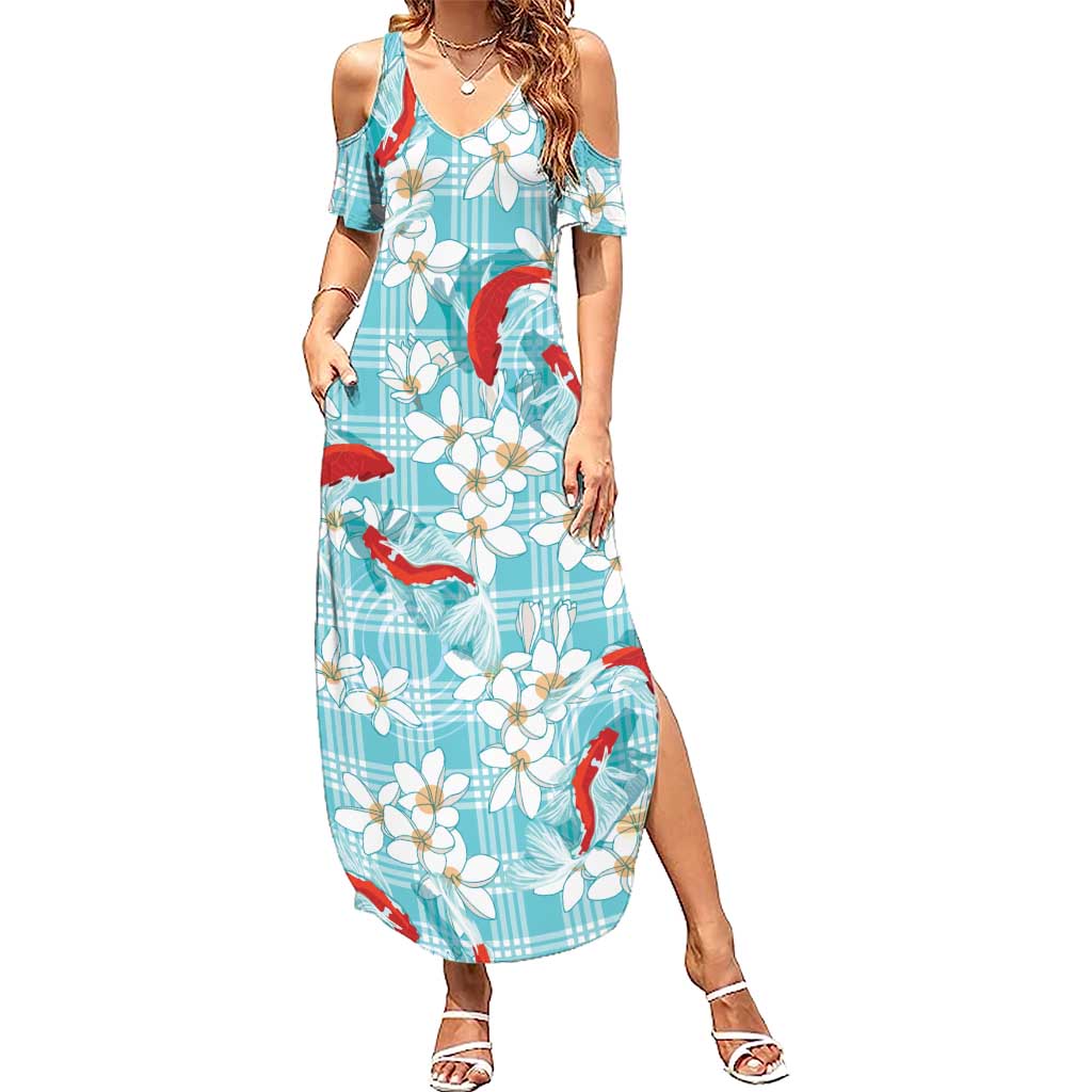 Turquoise Palaka Hawaii Aloha Family Matching Summer Maxi Dress and Hawaiian Shirt Koi Pond Mix Plumeria LT7 Turquoise - Polynesian Pride