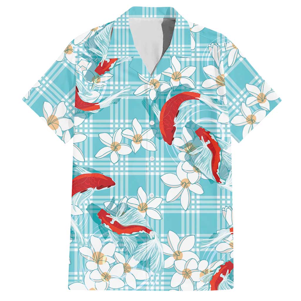 Turquoise Palaka Hawaii Aloha Hawaiian Shirt Koi Pond Mix Plumeria - Polynesian Pride