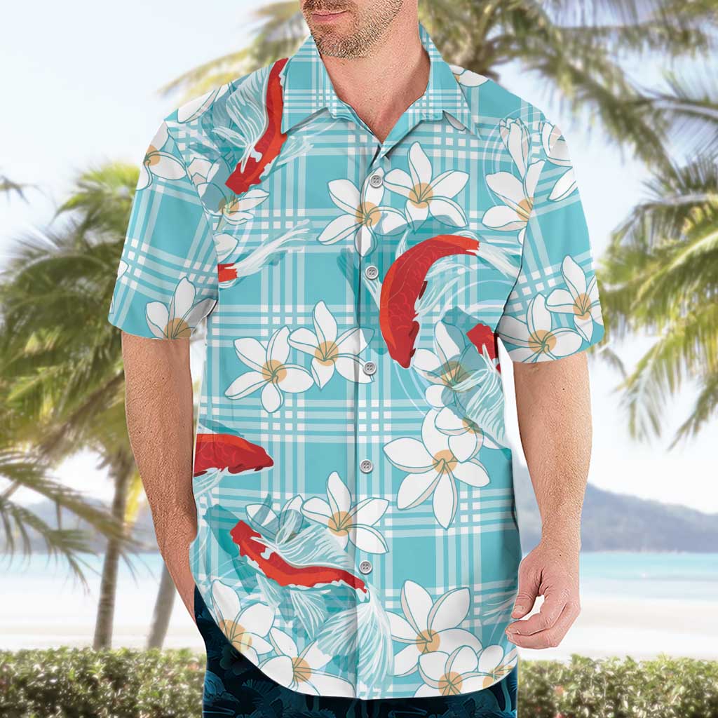 Turquoise Palaka Hawaii Aloha Hawaiian Shirt Koi Pond Mix Plumeria - Polynesian Pride