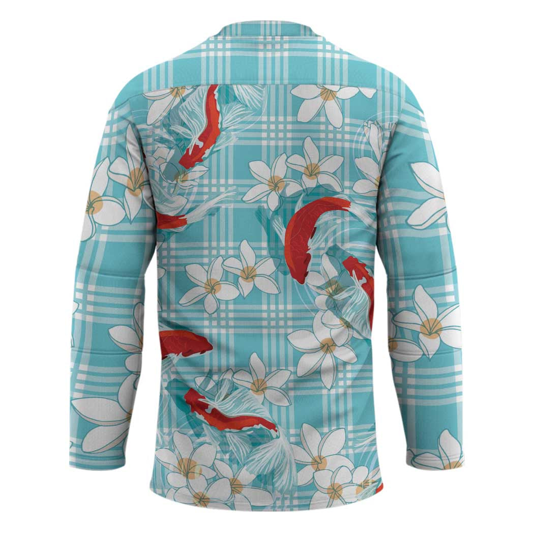 Turquoise Palaka Hawaii Aloha Hockey Jersey Koi Pond Mix Plumeria - Polynesian Pride