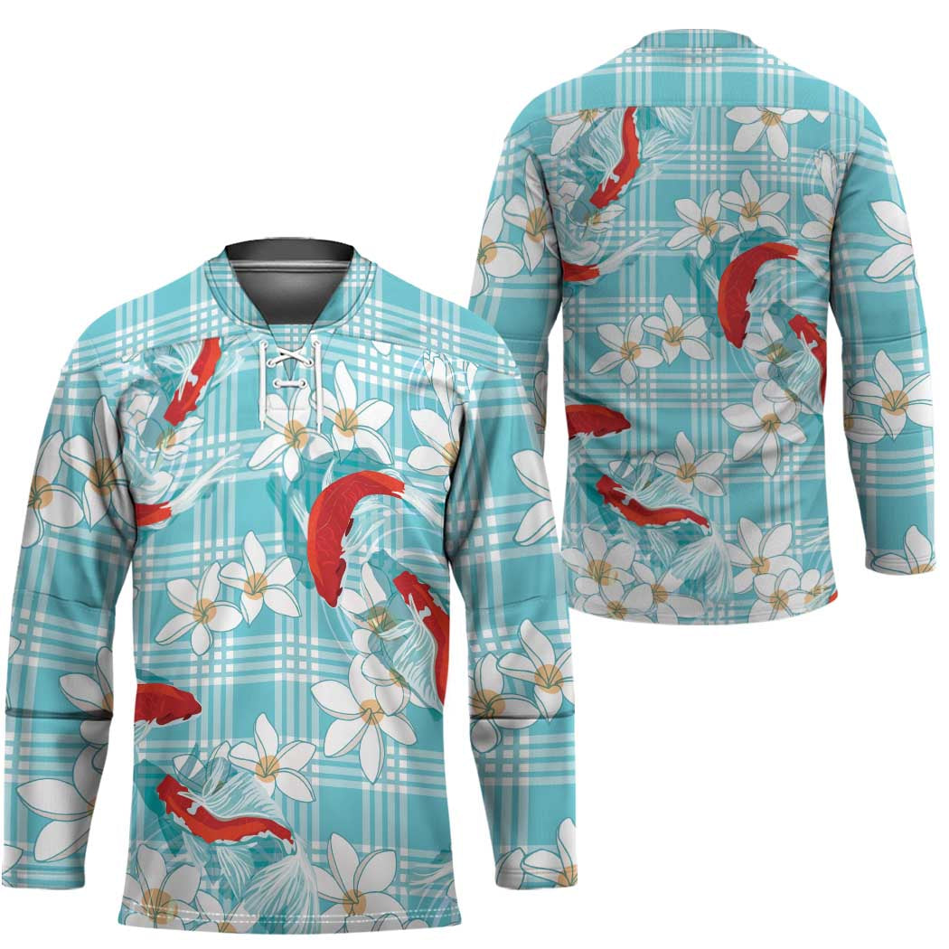 Turquoise Palaka Hawaii Aloha Hockey Jersey Koi Pond Mix Plumeria - Polynesian Pride