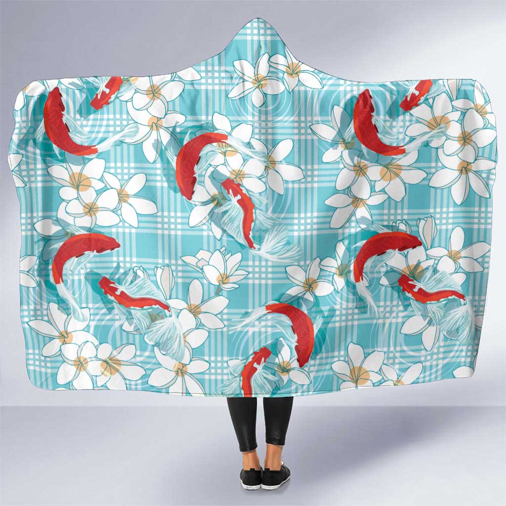 Turquoise Palaka Hawaii Aloha Hooded Blanket Koi Pond Mix Plumeria LT7 One Size Turquoise - Polynesian Pride