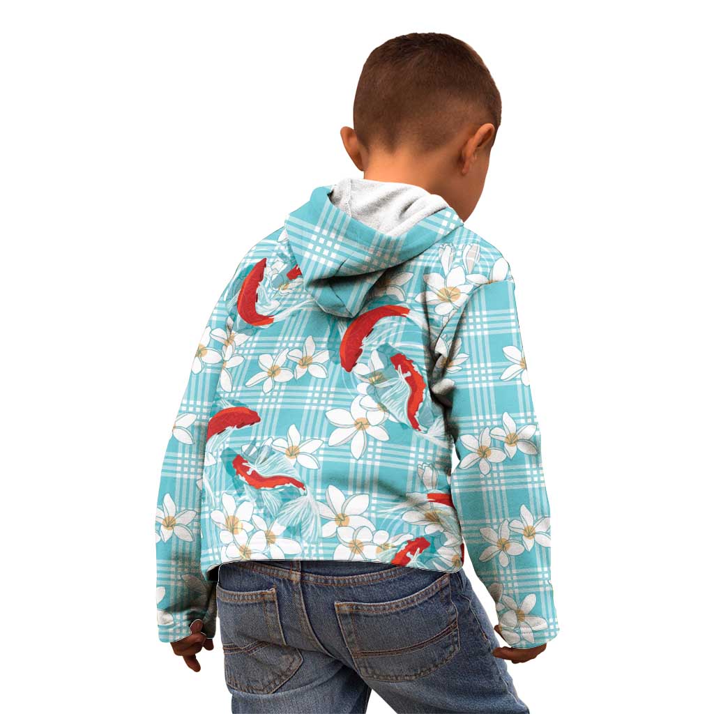 Turquoise Palaka Hawaii Aloha Kid Hoodie Koi Pond Mix Plumeria - Polynesian Pride