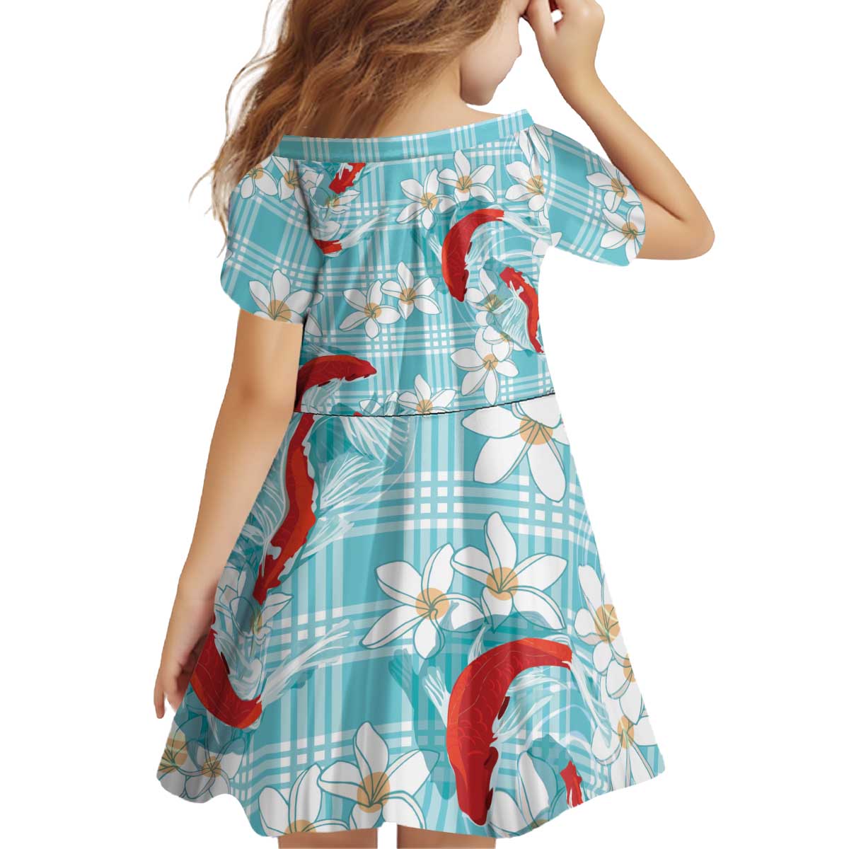Turquoise Palaka Hawaii Aloha Kid Short Sleeve Dress Koi Pond Mix Plumeria - Polynesian Pride