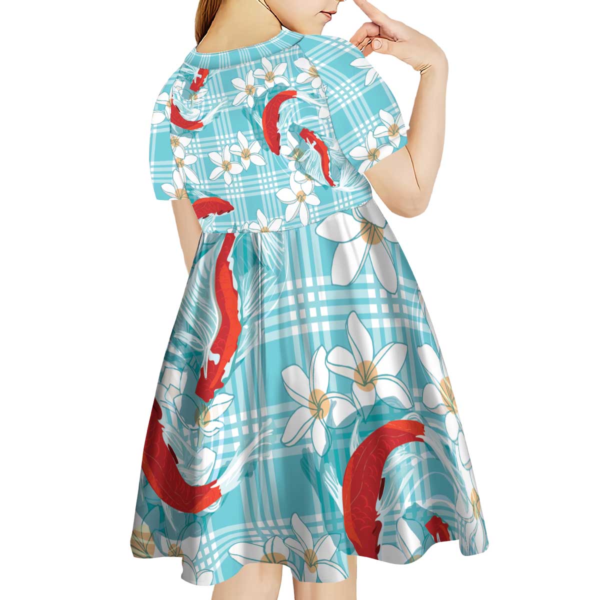 Turquoise Palaka Hawaii Aloha Kid Short Sleeve Dress Koi Pond Mix Plumeria - Polynesian Pride