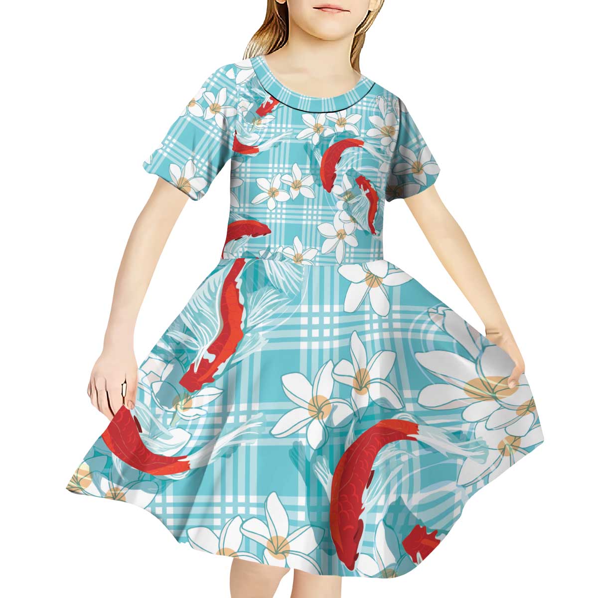 Turquoise Palaka Hawaii Aloha Kid Short Sleeve Dress Koi Pond Mix Plumeria - Polynesian Pride