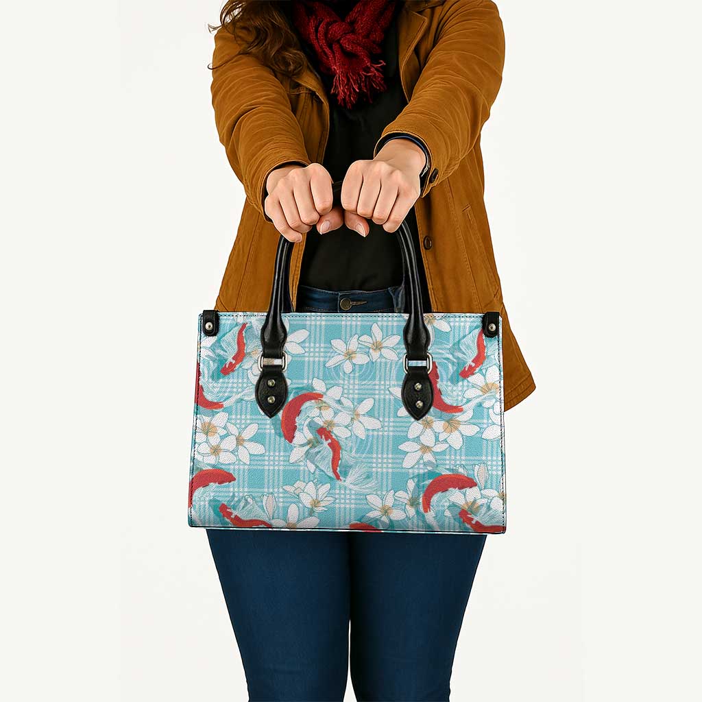 Turquoise Palaka Hawaii Aloha Leather Bag Koi Pond Mix Plumeria - Polynesian Pride
