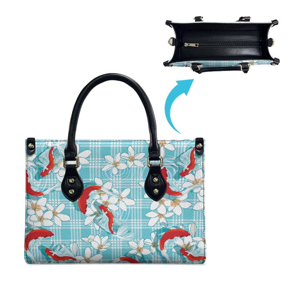 Turquoise Palaka Hawaii Aloha Leather Bag Koi Pond Mix Plumeria - Polynesian Pride