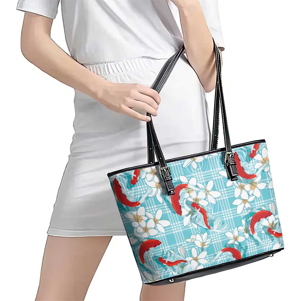 Turquoise Palaka Hawaii Aloha Leather Tote Bag Koi Pond Mix Plumeria - Polynesian Pride