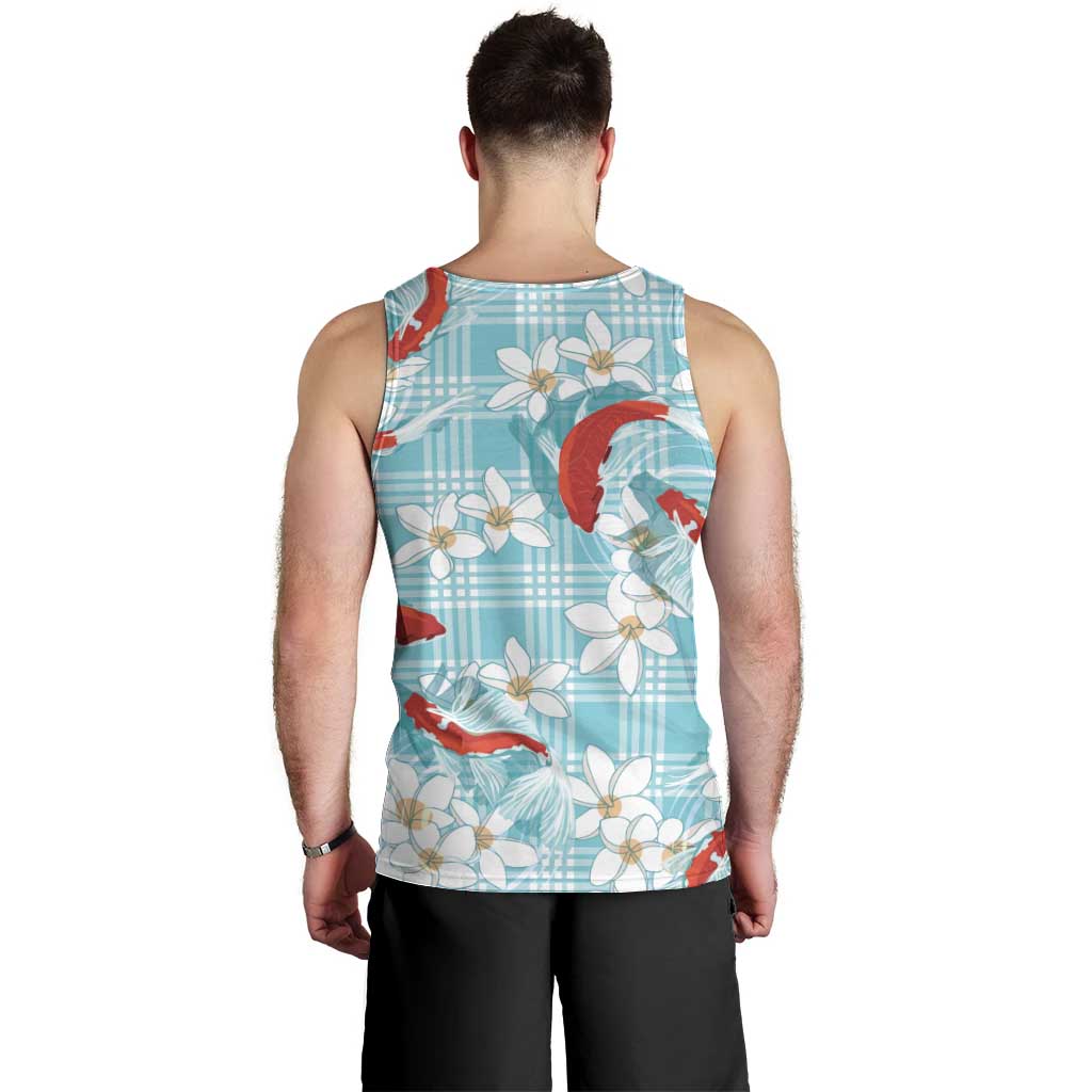 Turquoise Palaka Hawaii Aloha Men Tank Top Koi Pond Mix Plumeria - Polynesian Pride