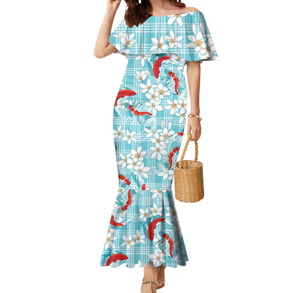Turquoise Palaka Hawaii Aloha Mermaid Dress Koi Pond Mix Plumeria - Polynesian Pride